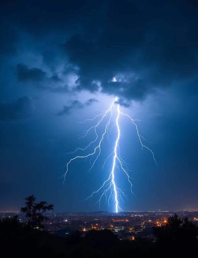 Ribut petir menerangi langit malam di atas bandar.