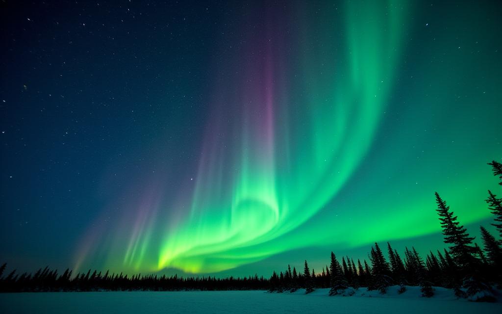 Selang masa aurora borealis menari di langit.