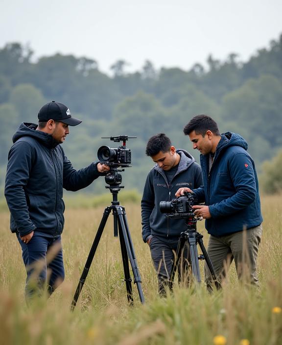 Pasukan Awan Studio sedang menyediakan peralatan fotografi di lokasi luar.
