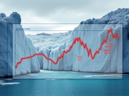 Grafik yang menunjukkan kenaikan suhu global di atas imej glasier yang mencair.