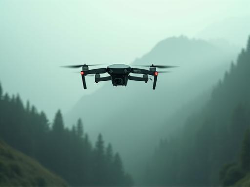 Dron profesional terbang di atas landskap berkabus.