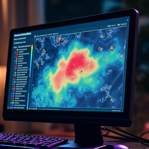 Skrin komputer memaparkan visualisasi data cuaca 3D yang kompleks.